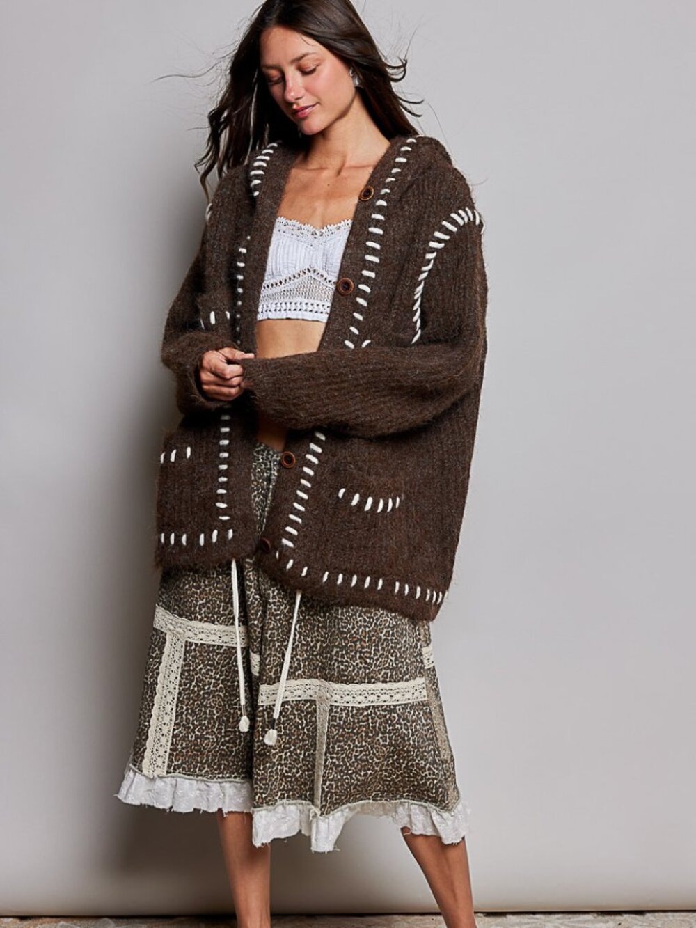 POL Mocha Blanket Stitch Oversized Cardigan